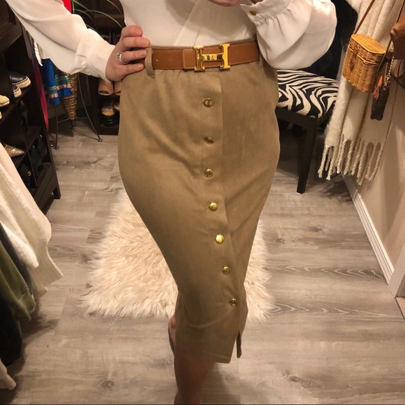 SOLD Tan / camel colored suede like midi skirt - Picture 2 of 4